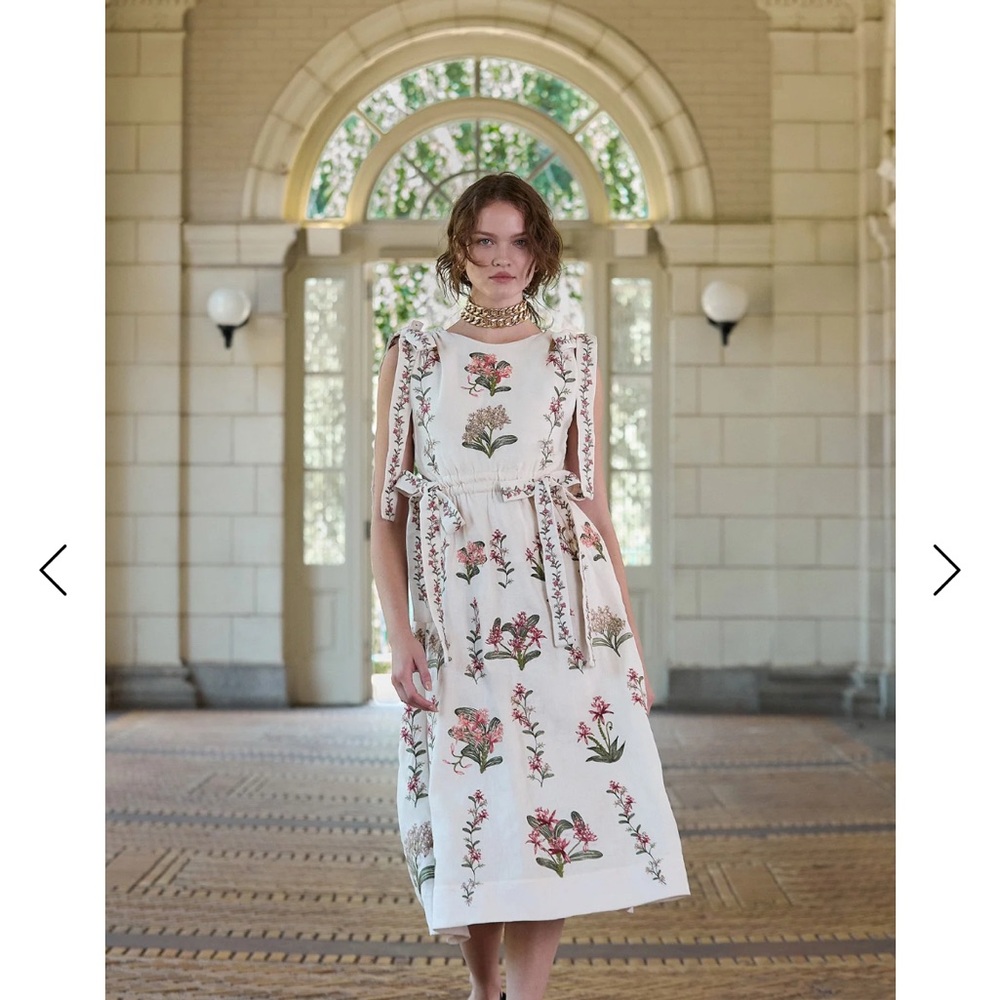 Agua Bendita White Dress with Pink and Green Floral Design